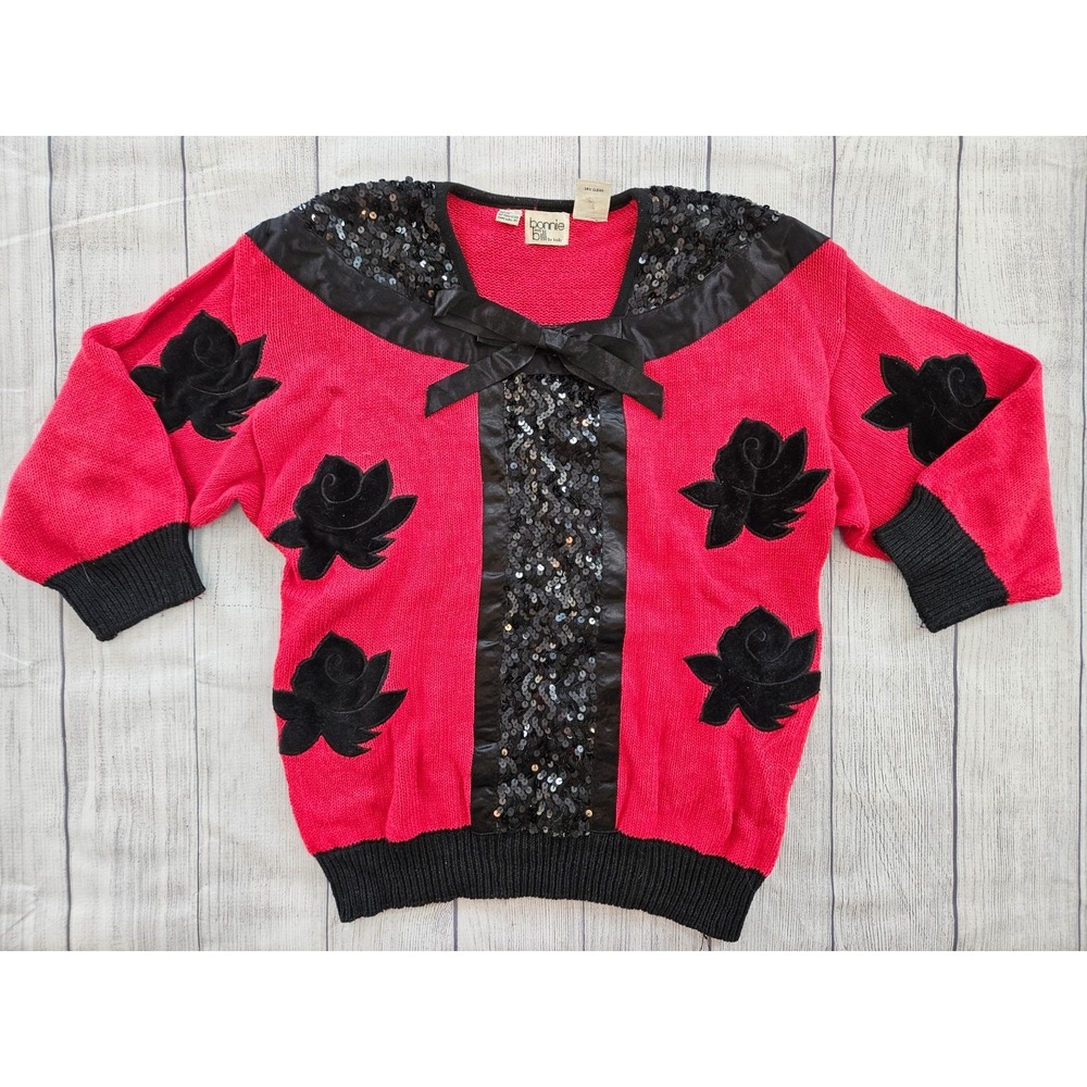 Bonnie And Bill By Holly Sweater Womens Large Red Black Sequin Floral Ramie